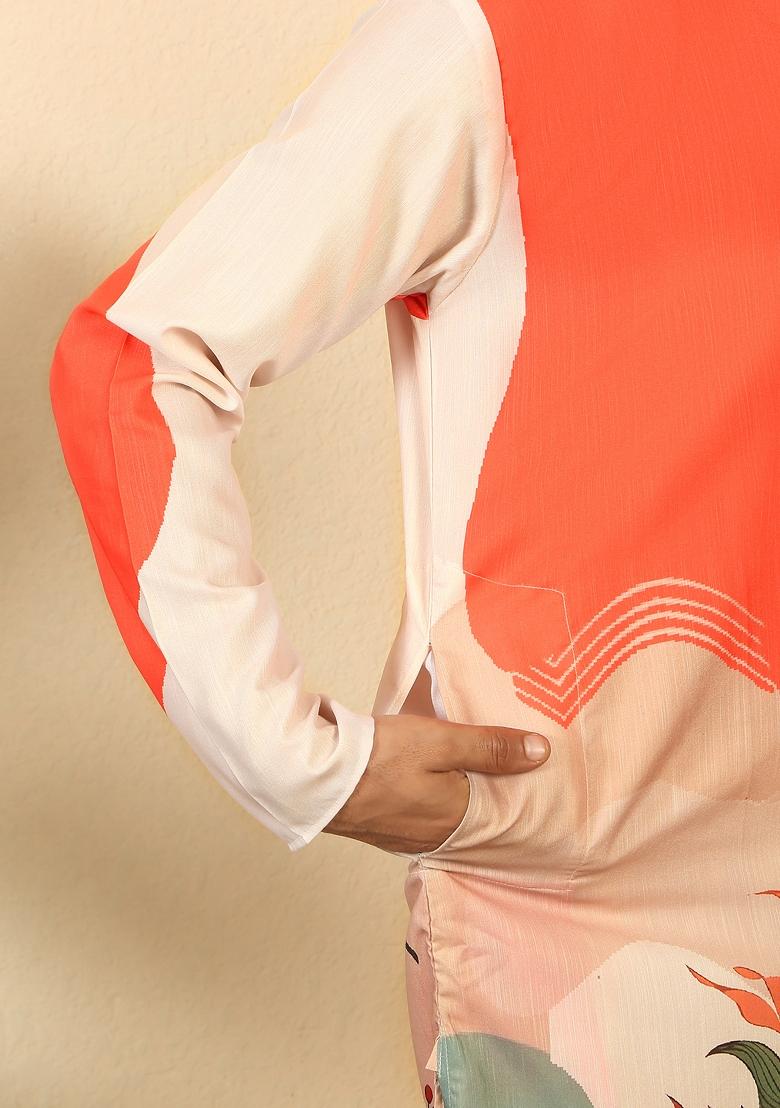 Orange Floral Print Cotton Kurta For Men - Indya