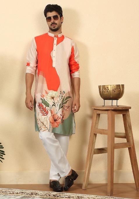 Orange Floral Print Cotton Kurta For Men