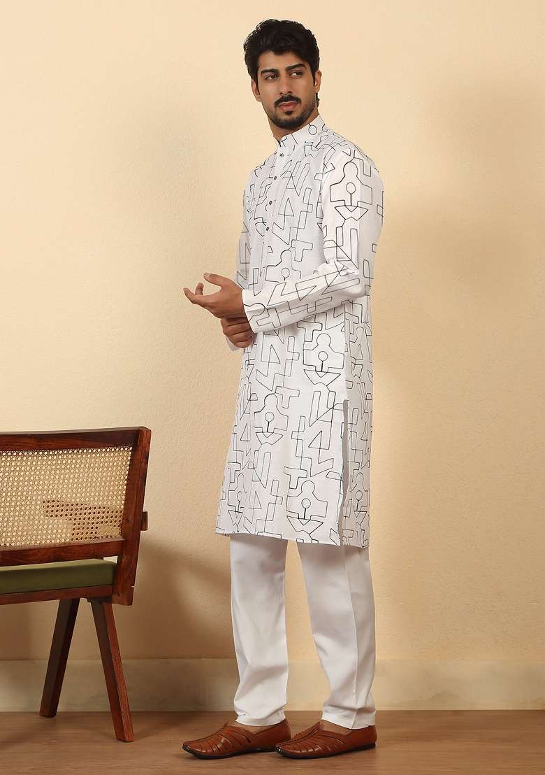 White Thread Work Cotton Kurta For Men - Indya