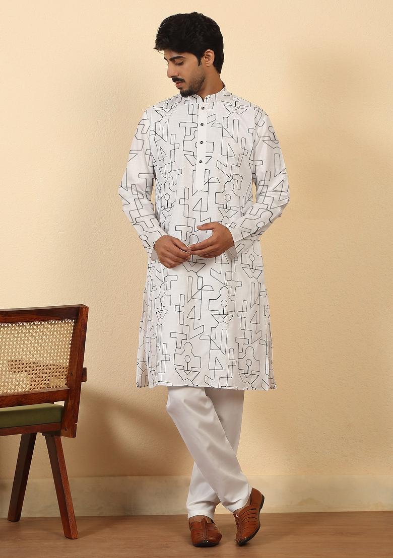 White Thread Work Cotton Kurta For Men - Indya