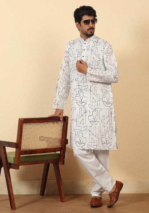 White Thread Work Cotton Kurta For Men