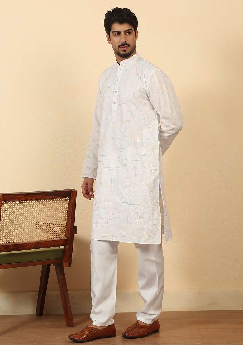 White Thread Work Cotton Kurta For Men - Indya