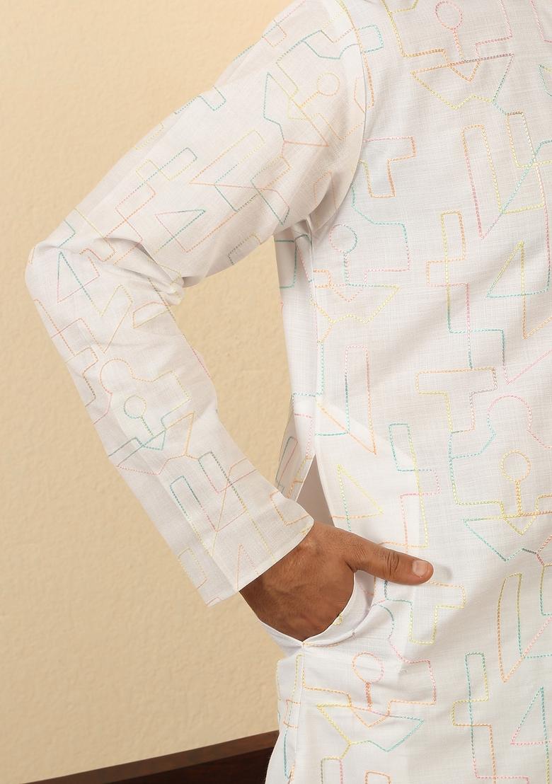 White Thread Work Cotton Kurta For Men - Indya