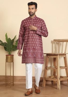 Maroon Ethnic Motifs Cotton Kurta For Men