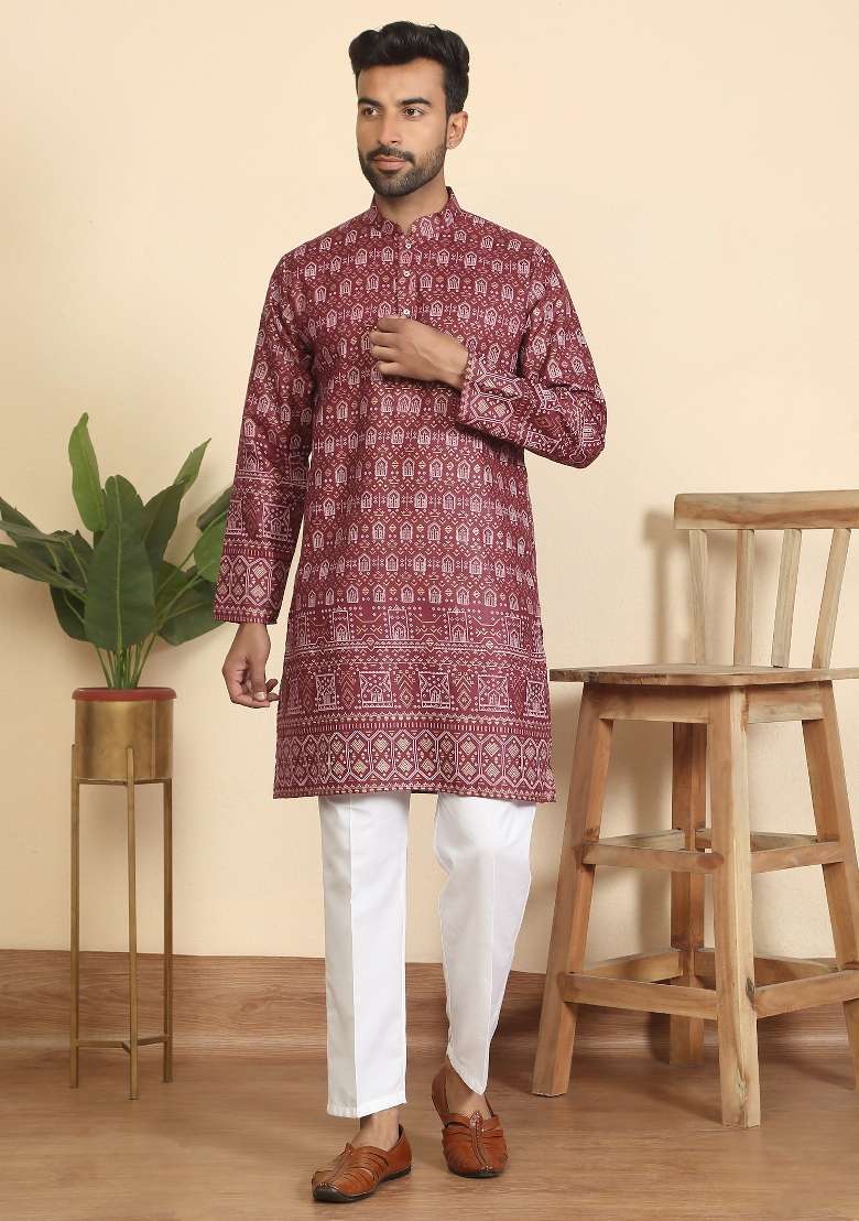 Maroon Ethnic Motifs Cotton Kurta For Men - Indya