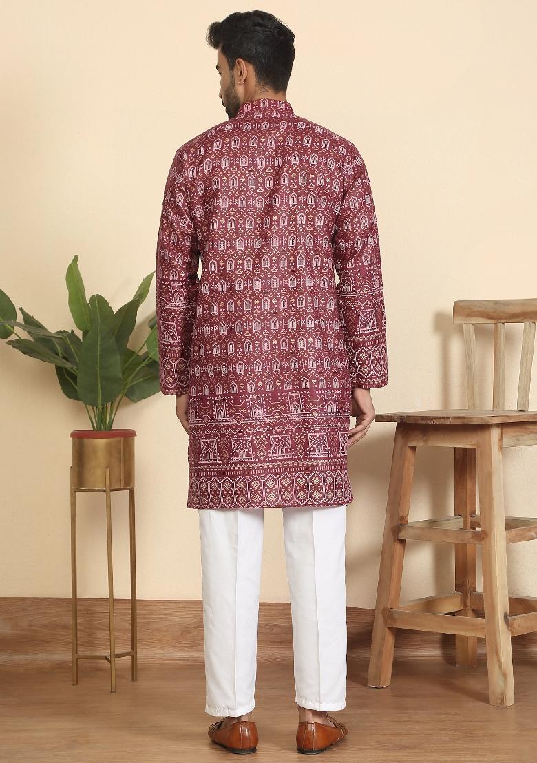 Maroon Ethnic Motifs Cotton Kurta For Men - Indya