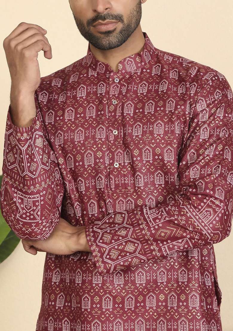 Maroon Ethnic Motifs Cotton Kurta For Men - Indya