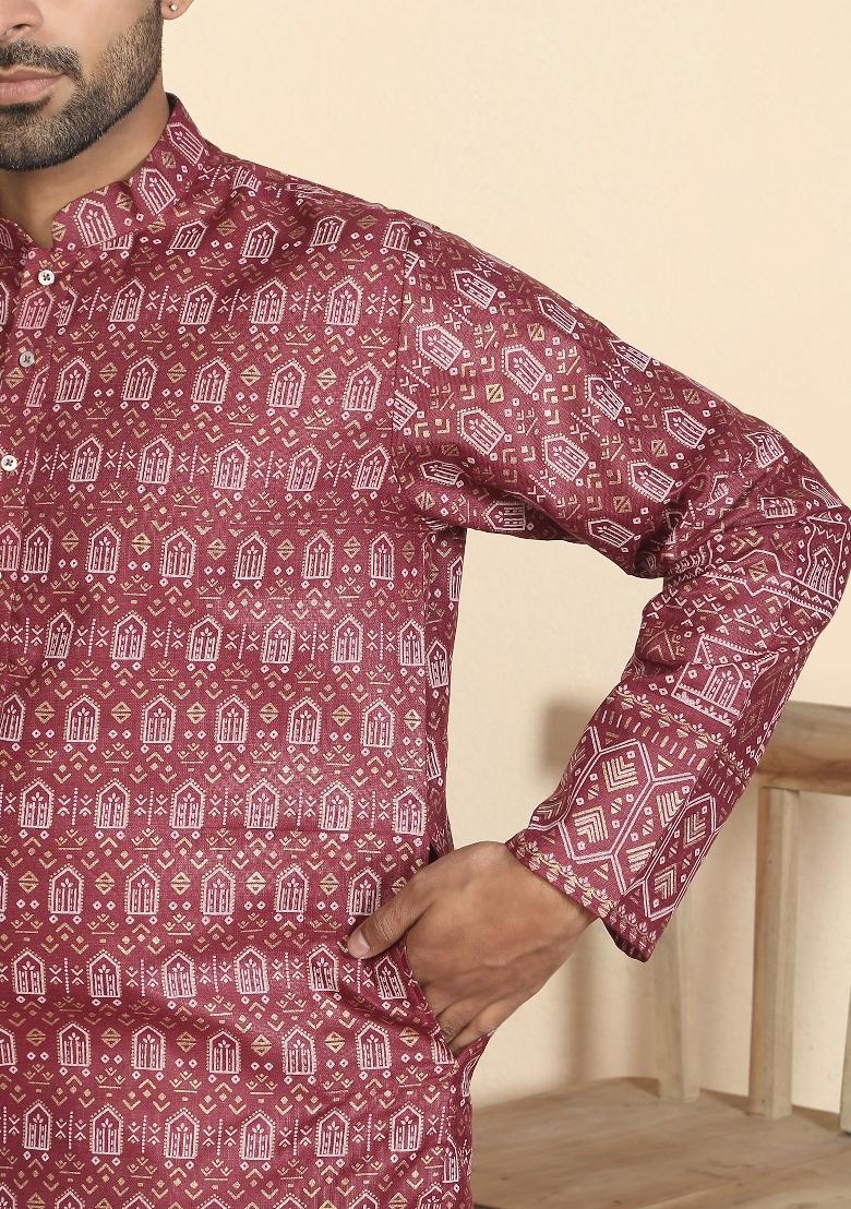 Maroon Ethnic Motifs Cotton Kurta For Men - Indya