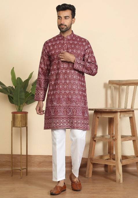 Maroon Ethnic Motifs Cotton Kurta For Men