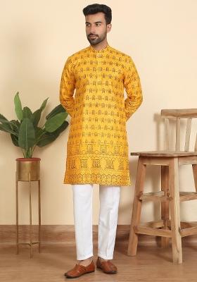 Mustard Ethnic Motifs Cotton Kurta For Men