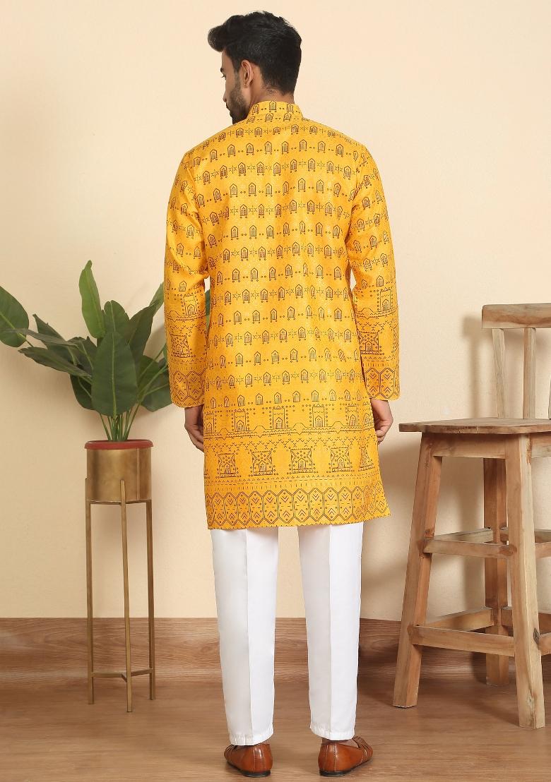 Mustard Ethnic Motifs Cotton Kurta For Men - Indya