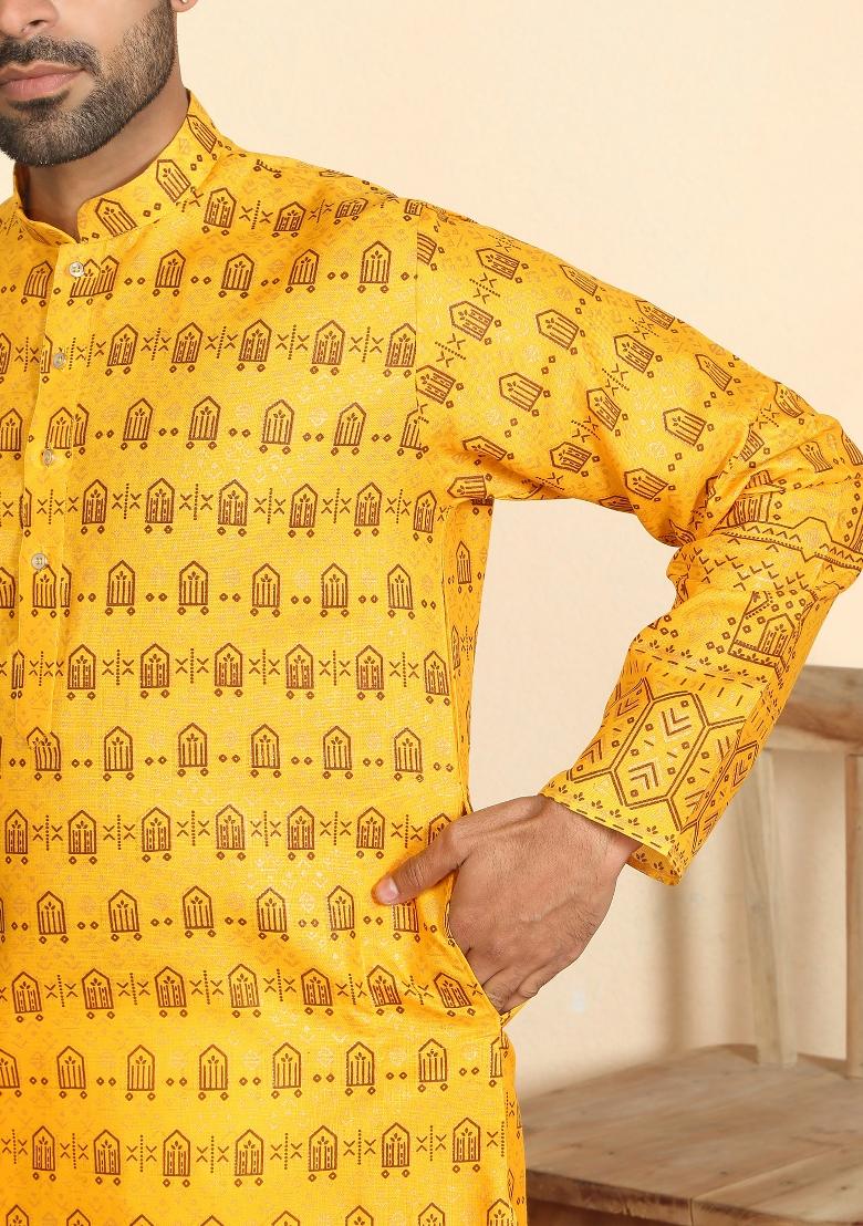 Mustard Ethnic Motifs Cotton Kurta For Men - Indya