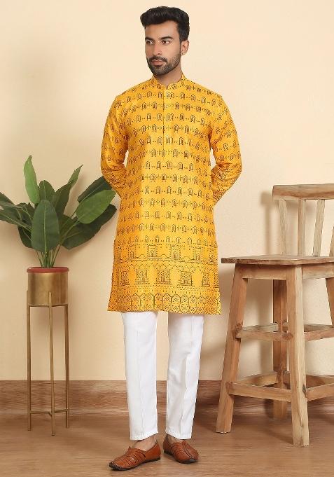 Mustard Ethnic Motifs Cotton Kurta For Men