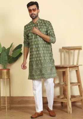 Green Ethnic Motifs Cotton Kurta For Men