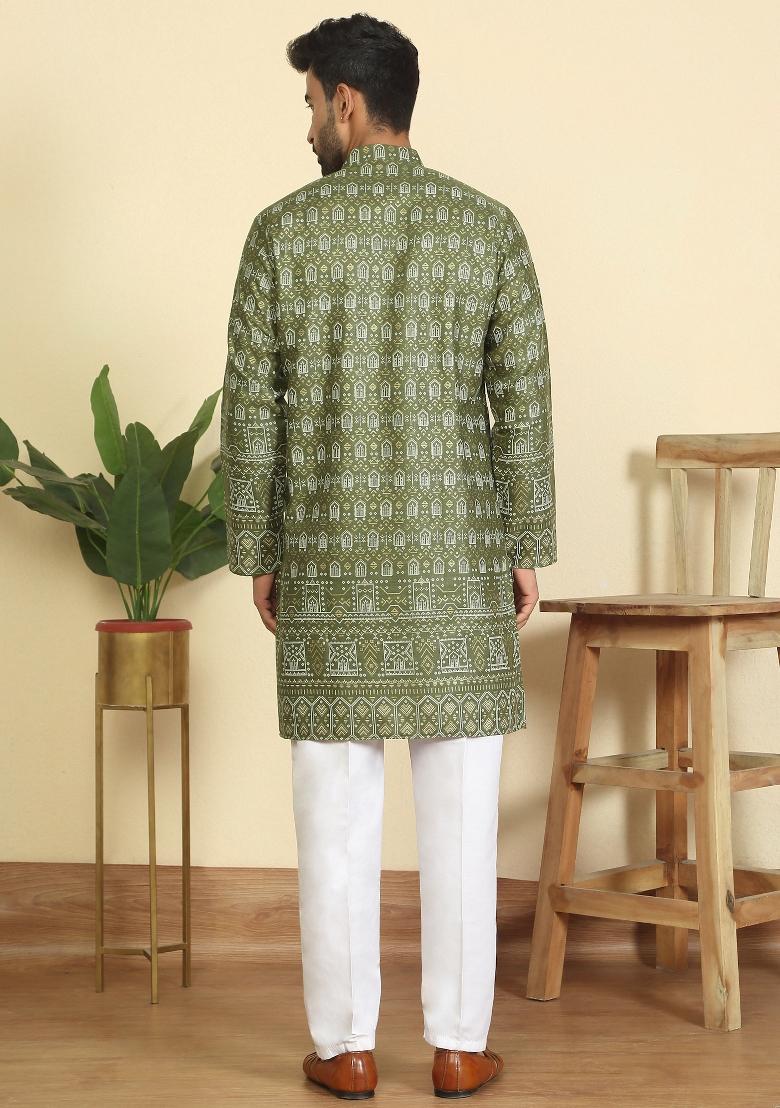 Green Ethnic Motifs Cotton Kurta For Men - Indya