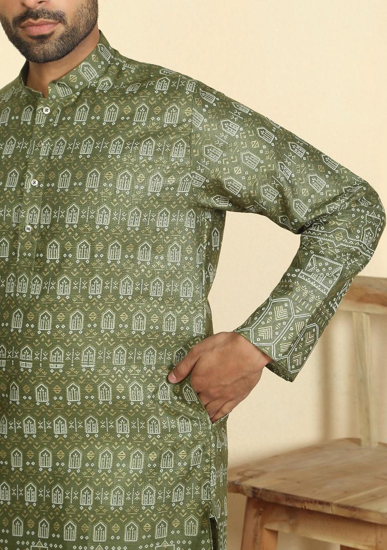 Green Ethnic Motifs Cotton Kurta For Men - Indya