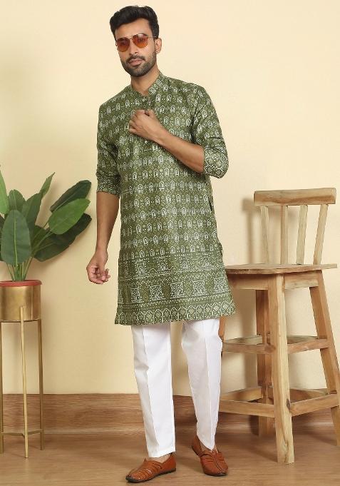 Green Ethnic Motifs Cotton Kurta For Men