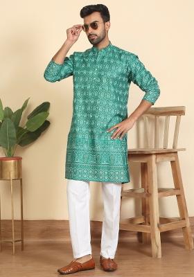 Teal Ethnic Motifs Cotton Kurta For Men