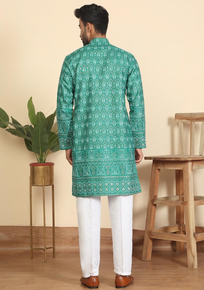 Teal Ethnic Motifs Cotton Kurta For Men - Indya