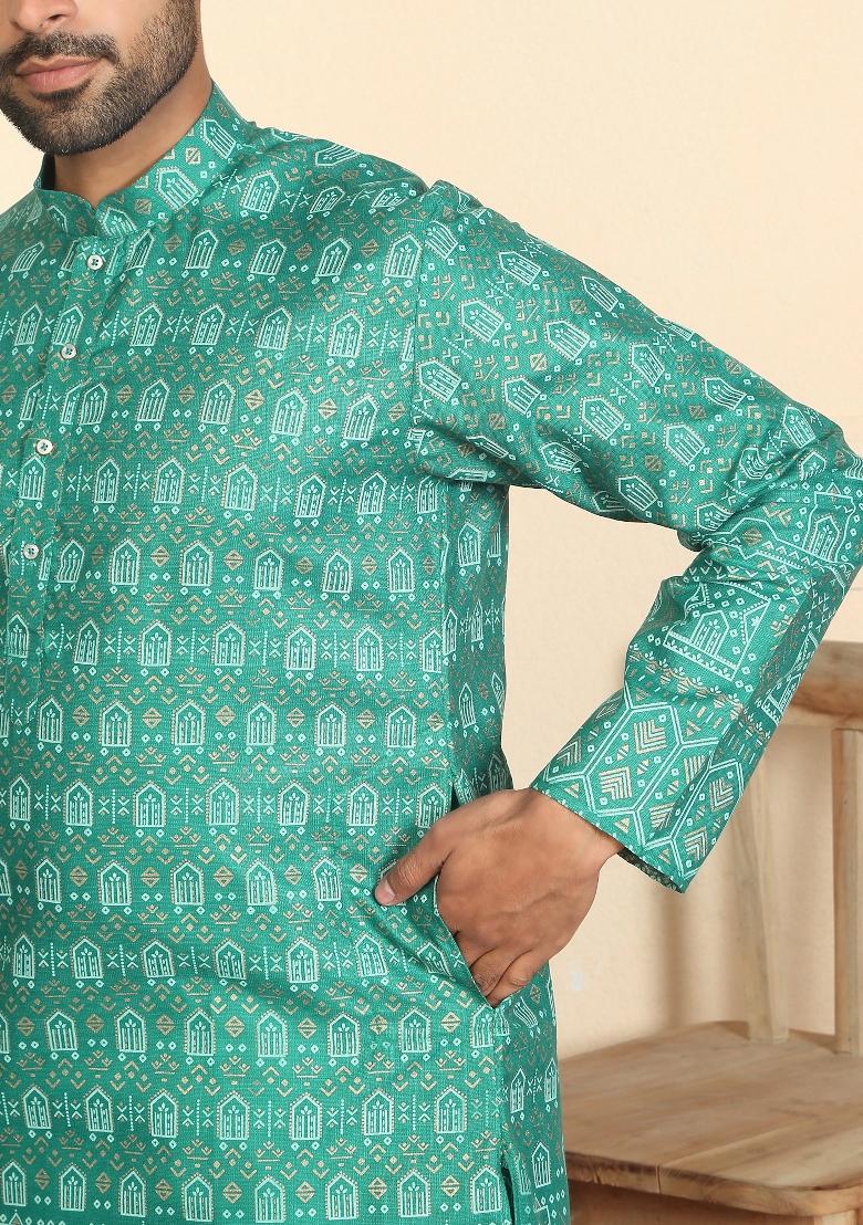 Teal Ethnic Motifs Cotton Kurta For Men - Indya
