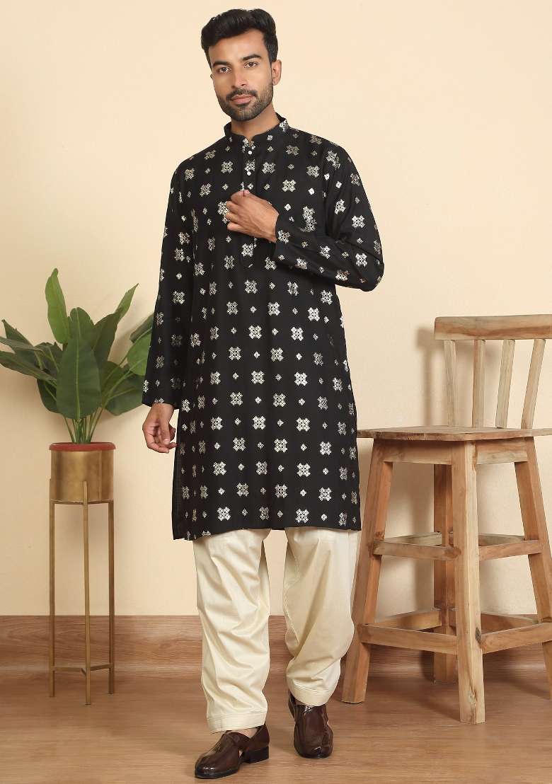 Black Floral Print Cotton Kurta For Men - Indya