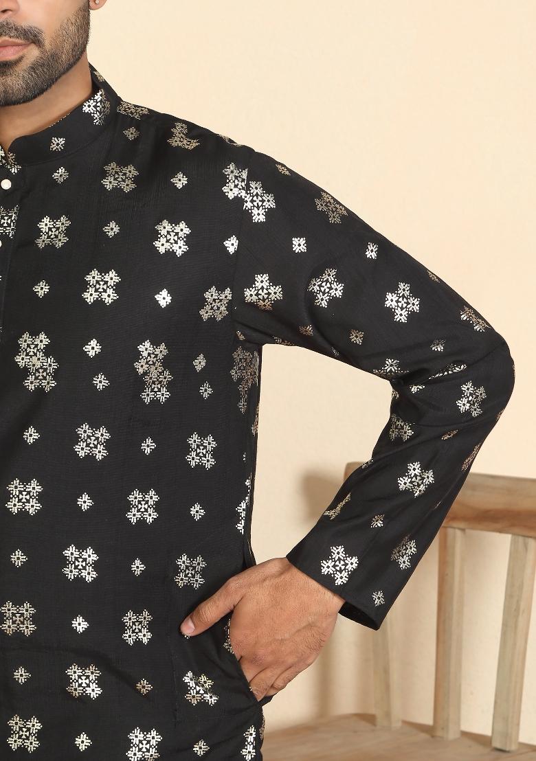 Black Floral Print Cotton Kurta For Men - Indya