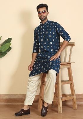 Blue Floral Print Cotton Kurta For Men
