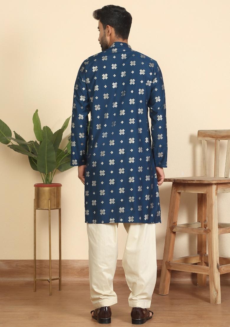 Blue Floral Print Cotton Kurta For Men - Indya