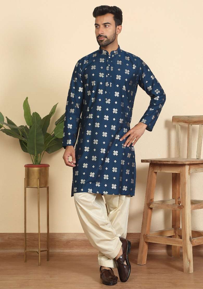 Blue Floral Print Cotton Kurta For Men - Indya