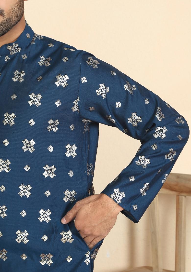 Blue Floral Print Cotton Kurta For Men - Indya