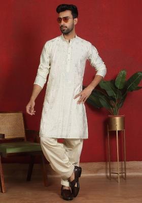 Cream Floral Print Cotton Kurta For Men