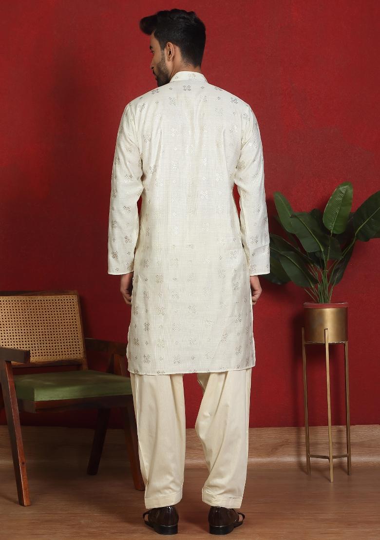 Cream Floral Print Cotton Kurta For Men - Indya