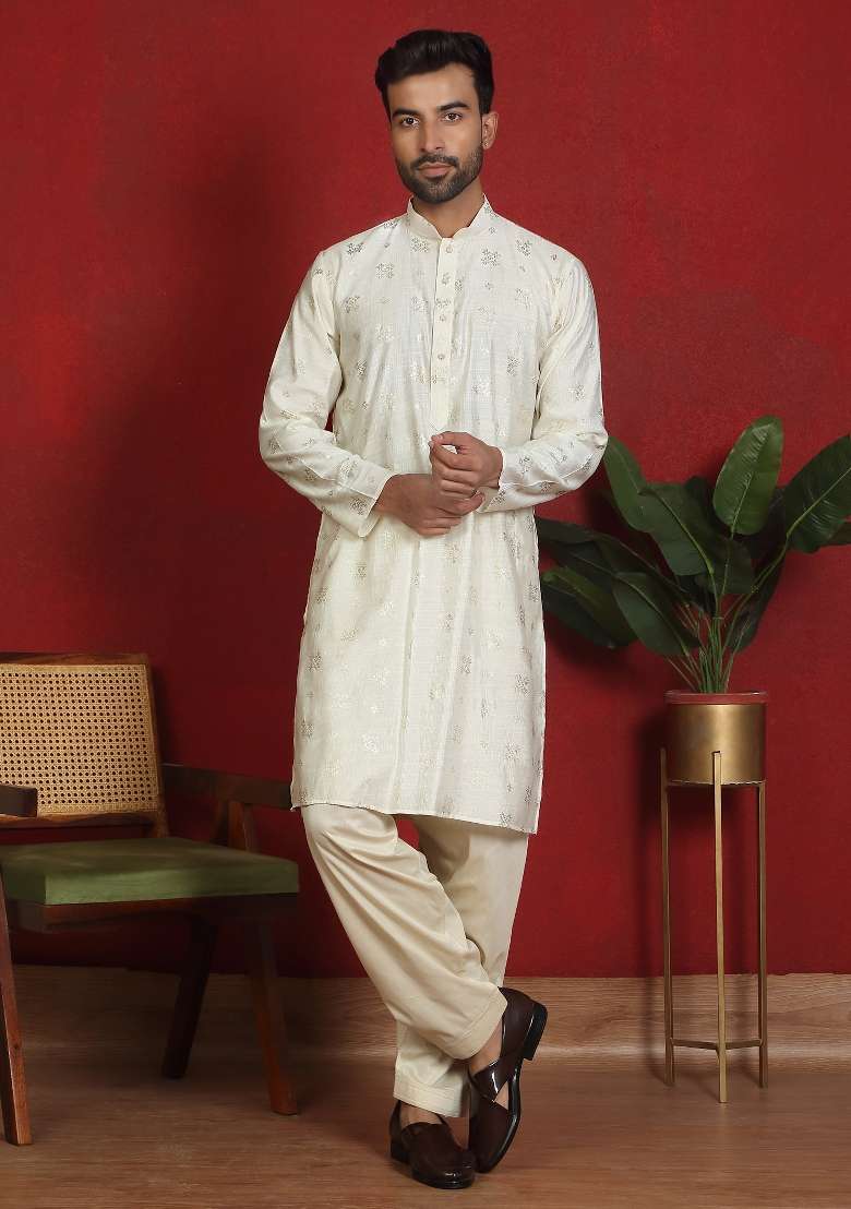Cream Floral Print Cotton Kurta For Men - Indya