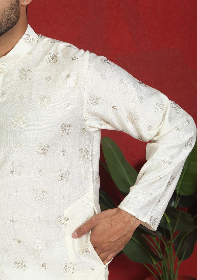 Cream Floral Print Cotton Kurta For Men - Indya