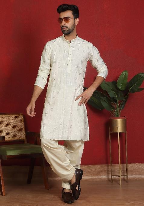 Cream Floral Print Cotton Kurta For Men