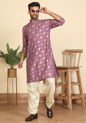 Mauve Floral Print Cotton Kurta For Men
