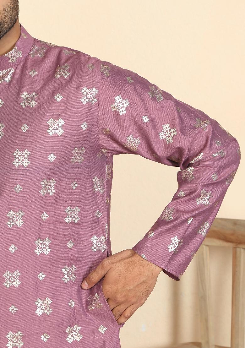 Mauve Floral Print Cotton Kurta For Men - Indya