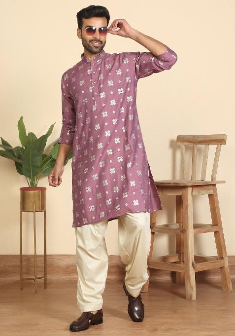 Mauve Floral Print Cotton Kurta For Men