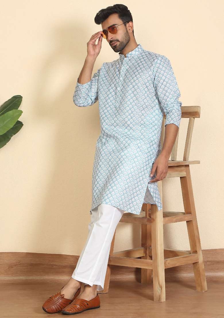 Blue Leaf Print Cotton Kurta For Men - Indya