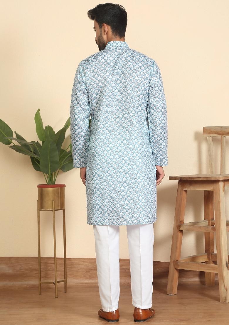 Blue Leaf Print Cotton Kurta For Men - Indya
