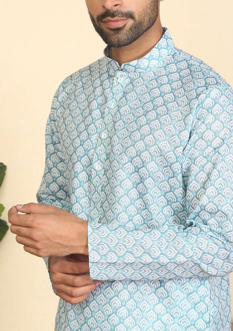 Blue Leaf Print Cotton Kurta For Men - Indya