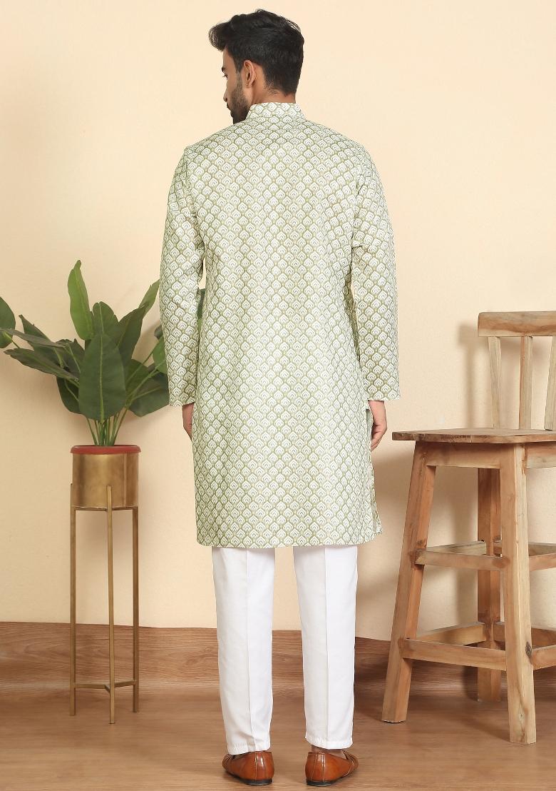 Green Leaf Print Cotton Kurta For Men - Indya