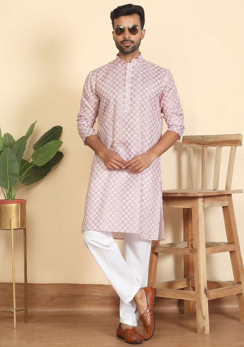 Pink Leaf Print Cotton Kurta For Men - Indya