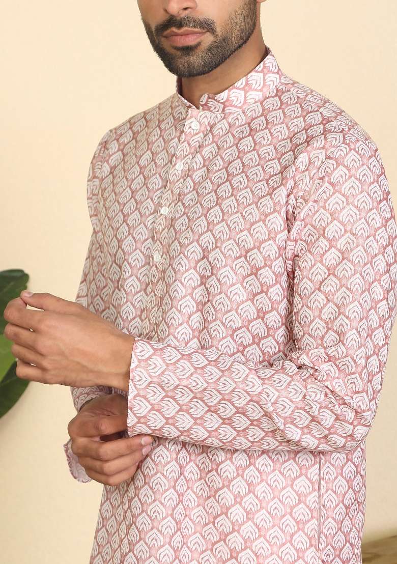 Pink Leaf Print Cotton Kurta For Men - Indya