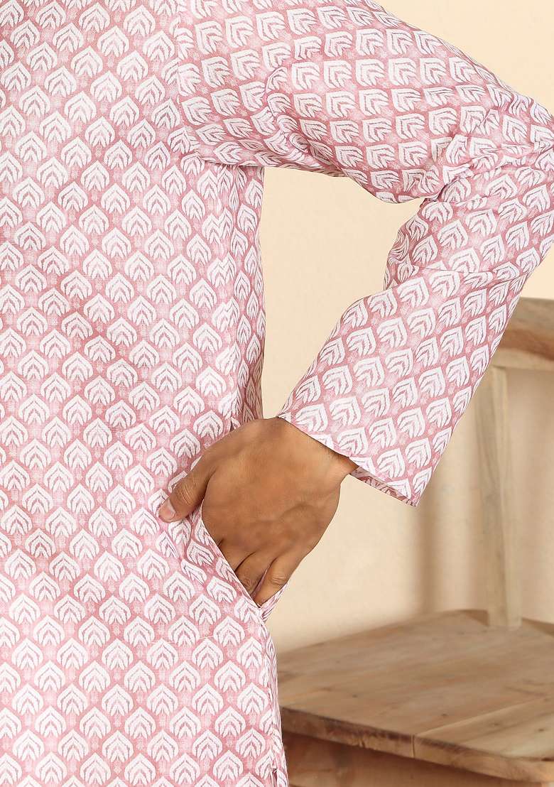 Pink Leaf Print Cotton Kurta For Men - Indya