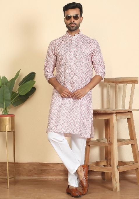 Pink Leaf Print Cotton Kurta For Men