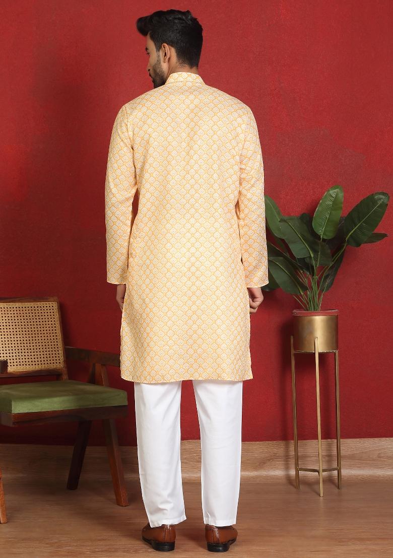 Yellow Leaf Print Cotton Kurta For Men - Indya