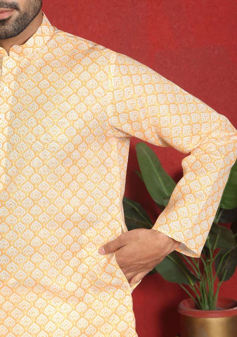 Yellow Leaf Print Cotton Kurta For Men - Indya