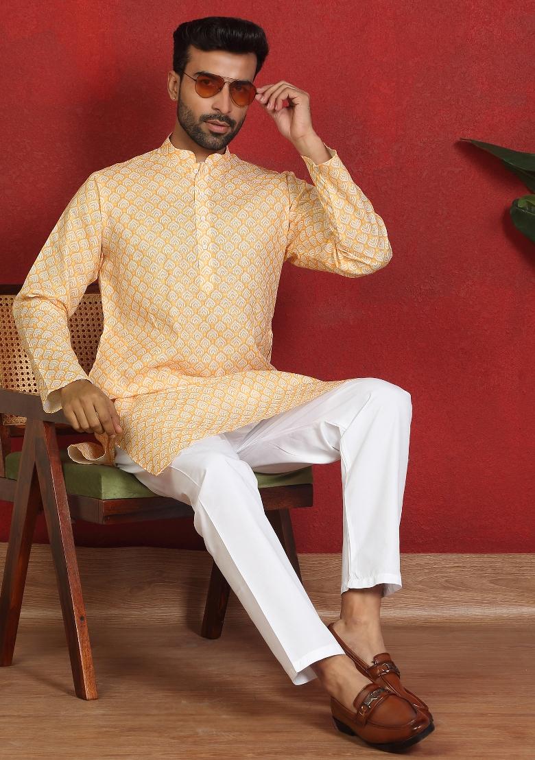 Yellow Leaf Print Cotton Kurta For Men - Indya