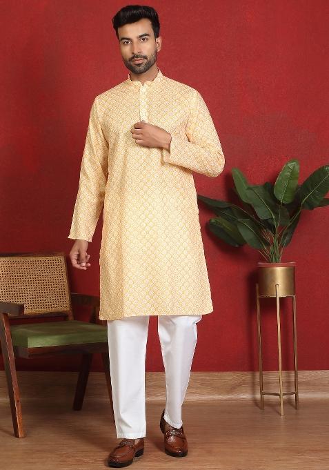 Yellow Leaf Print Cotton Kurta For Men